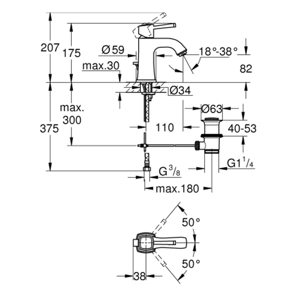 Grohe Waschtischbatterie mit einer zylindrischen Form, zwei Hebeln zur Temperatur- und Durchflussregelung sowie einer darunterliegenden Ablaufgarnitur. Technische Maße sind eingezeichnet.