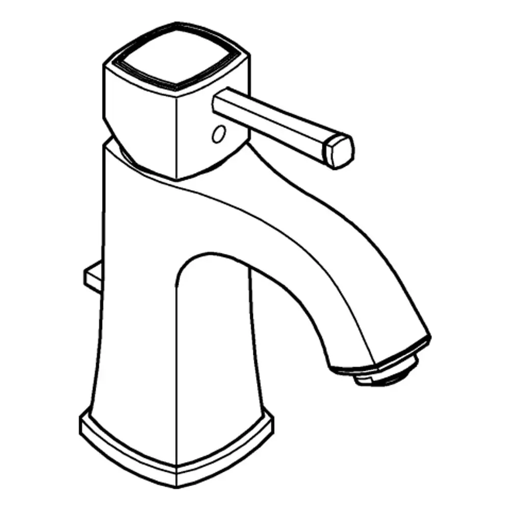Grohe Waschtischbatterie mit einem quadratischen Griff und einem geschwungenen Auslauf. Die Armatur hat eine integrierte Ablaufgarnitur und ist in chromfarbenem Finish.