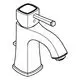 Grohe Waschtischbatterie mit einem quadratischen Griff und einem geschwungenen Auslauf. Die Armatur hat eine integrierte Ablaufgarnitur und ist in chromfarbenem Finish.