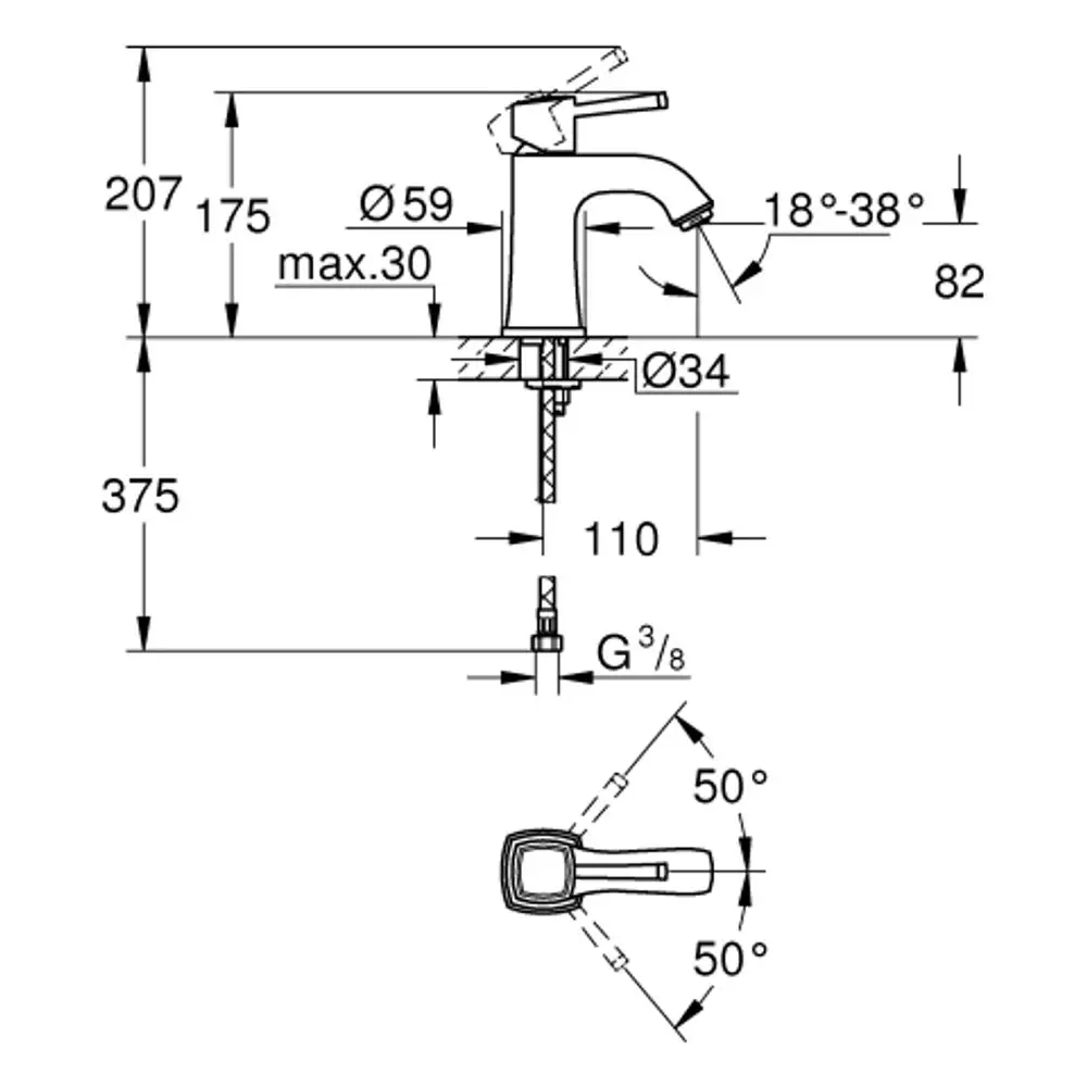 GROHE Waschtischbatterie mit Einhebelmischer, klarer Körperform in Chrom, technische Zeichnung mit Maßen und Montagehinweisen.