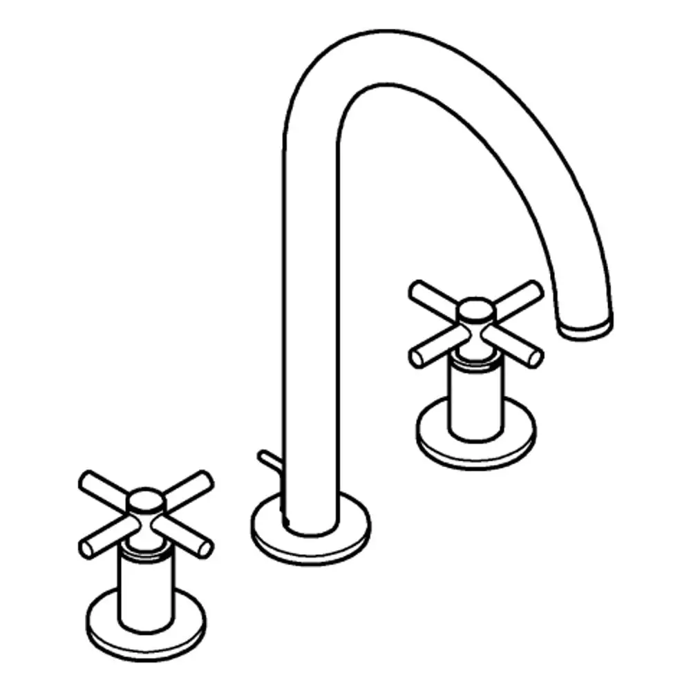 Grohe Armatur mit hohem Auslauf und zwei Kreuzgriffen, in einem minimalistischen Design. Die Auslaufform ist geschwungen, die Griffe sind symmetrisch angeordnet.