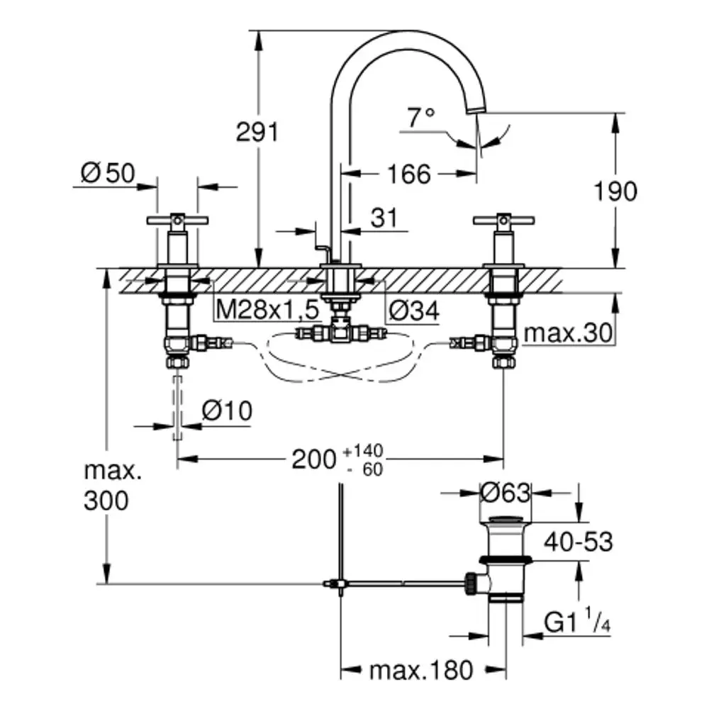 Grohe 3-Loch-Waschtischarmatur mit Kreuzgriffen und Rohrauslauf in schematischer Darstellung, inklusive Maßangaben und Anschlussdetails für die Montage.