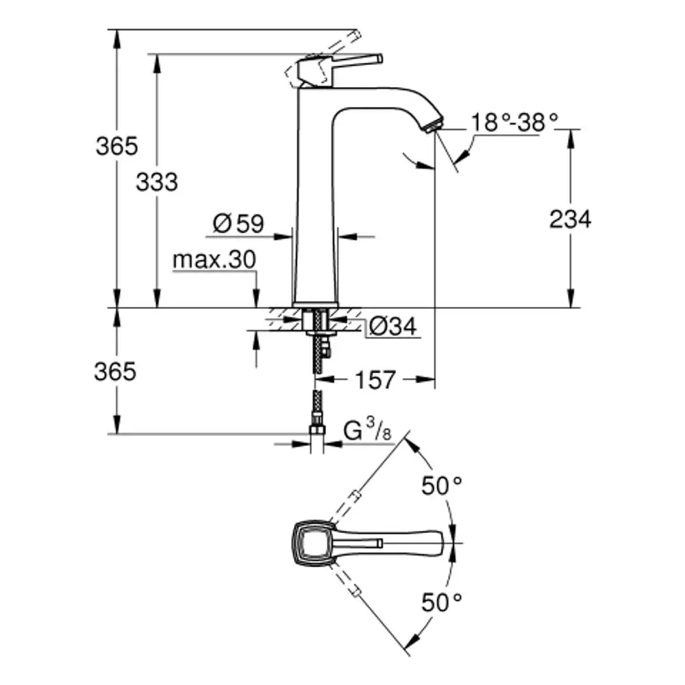 GROHE Waschtischbatterie mit einem hohen Auslauf und einem Hebel zur Steuerung. Diagramm zeigt Maße und Montagespezifikationen.