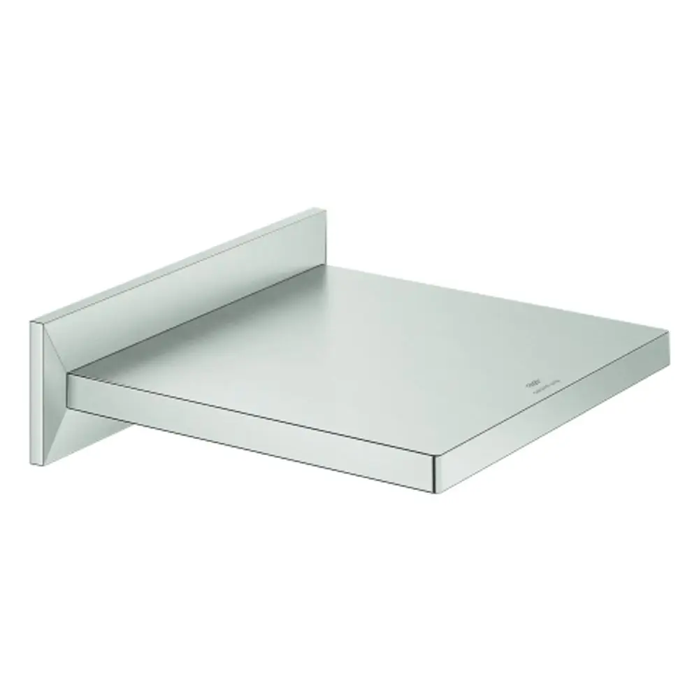 Wandmontierter Auslauf aus Edelstahl von Grohe mit rechteckiger, flacher Oberfläche und einer klaren Kante. Ideal für moderne Badezimmer.