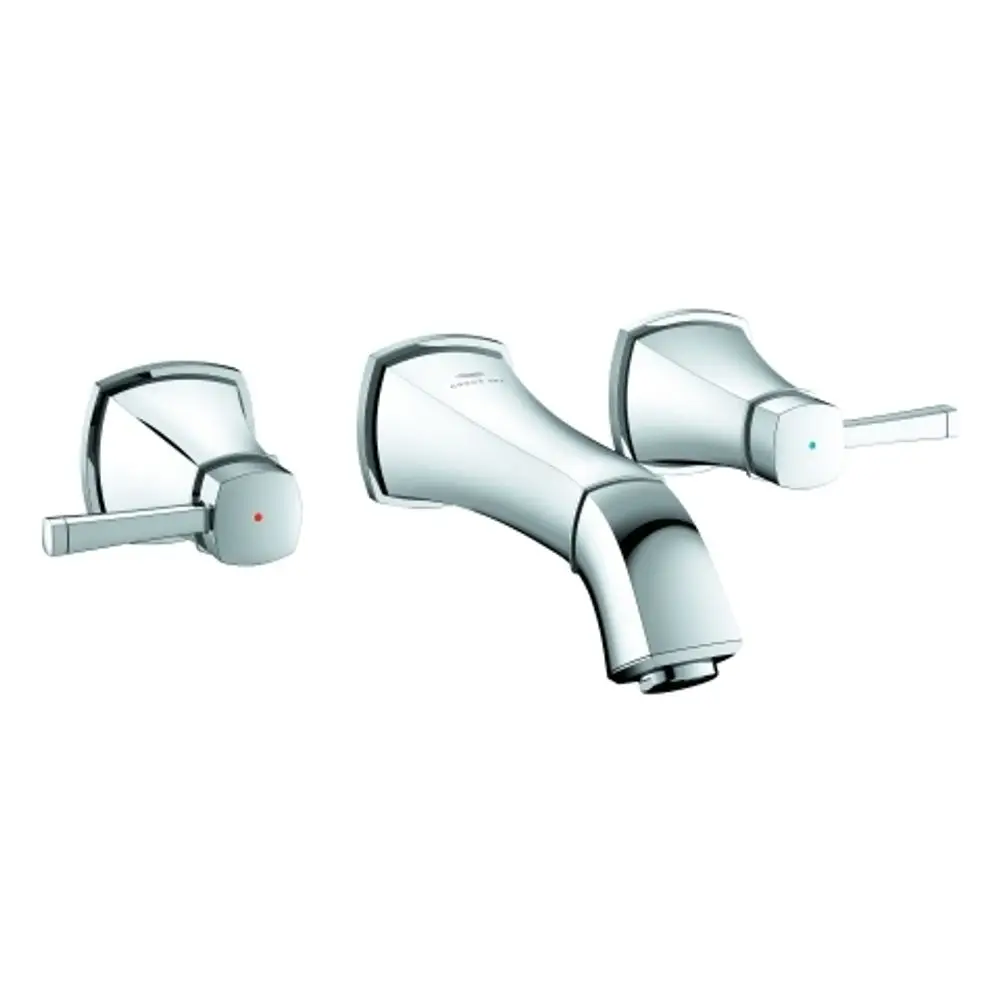 Grohe Wandmontage-Armatur mit zwei Hebeln und Auslauf. Ausführung in verchromtem Finish, geeignet für Badezimmer oder Küchenanwendungen.