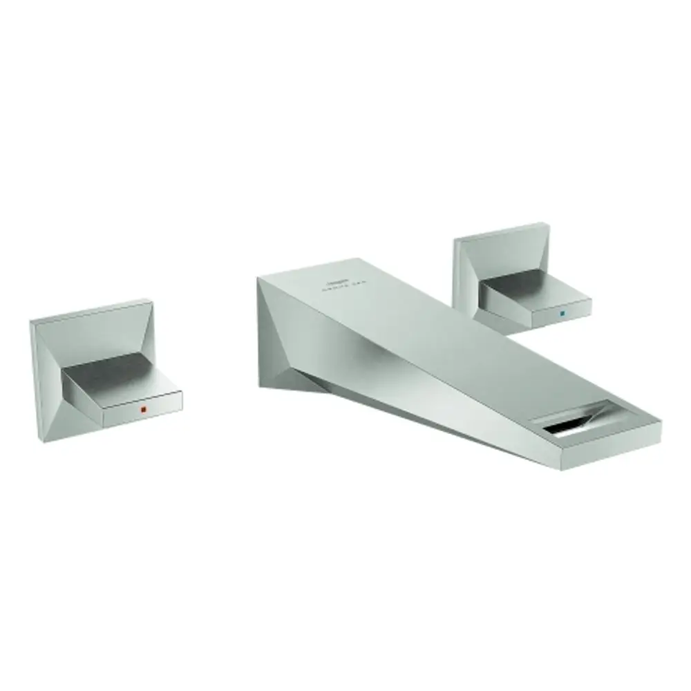 Wandmontierter Wasserhahn von Grohe mit zwei Bedienelementen, einfacher geometrischer Form und Auslauf für Wasser. Ausführung in gebürstetem Edelstahl.