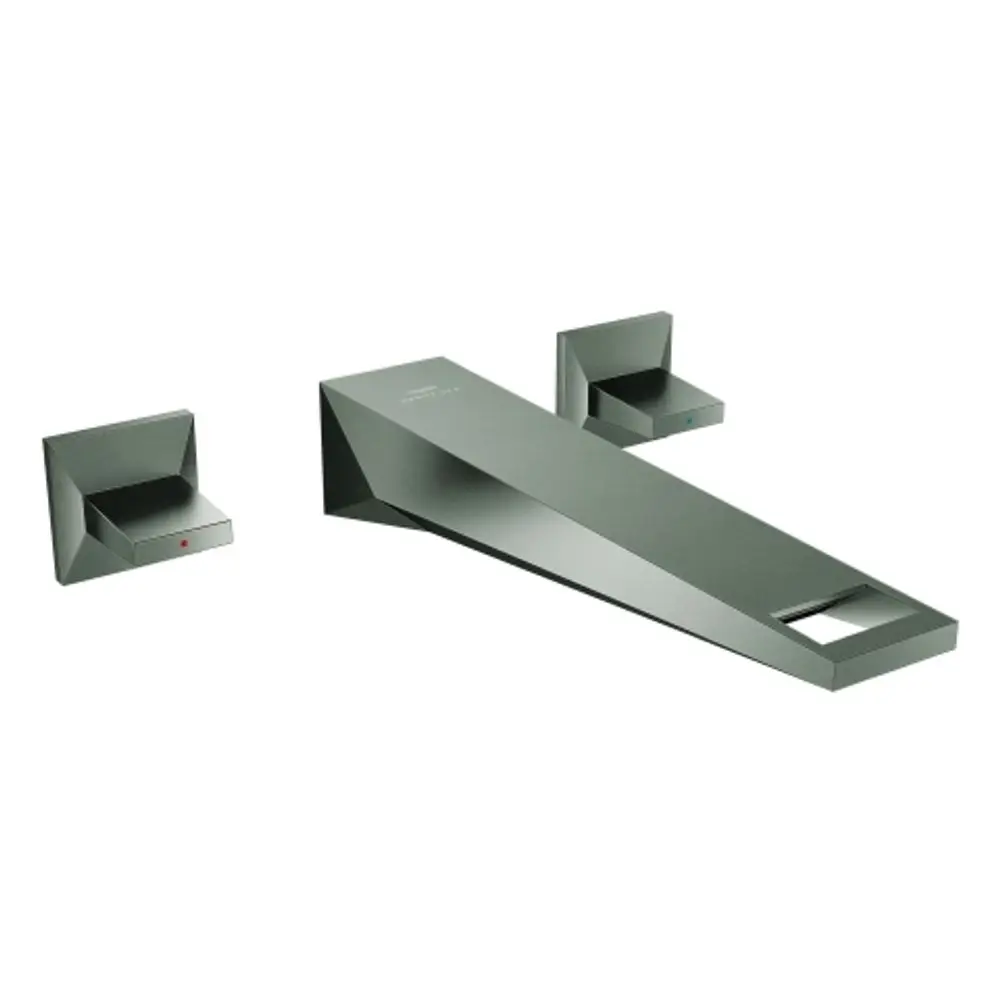 Grohe Wandbatterie mit einem länglichen Auslauf und zwei Steuergriffen. Die Oberfläche ist in einem matten Grauton gehalten.