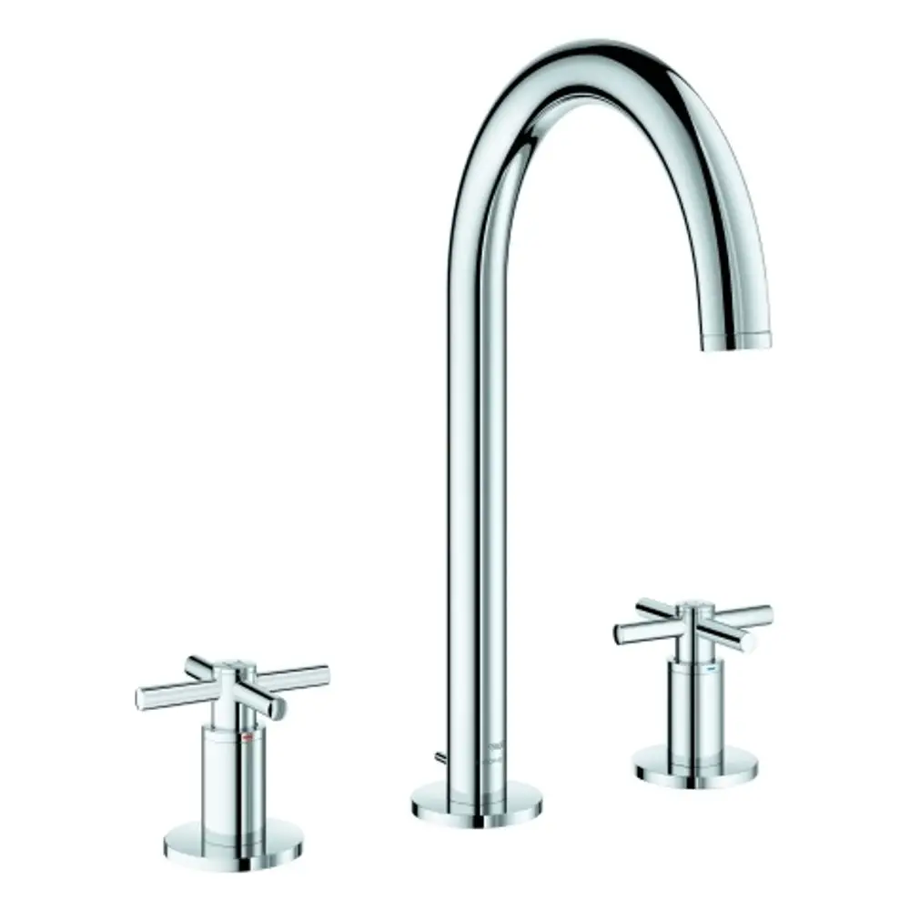 Chromene Grohe-Waschtischarmatur mit hohem Auslauf und zwei Kreuzgriffen, die seitlich platziert sind. Minimalistisches Design für moderne Badezimmer.