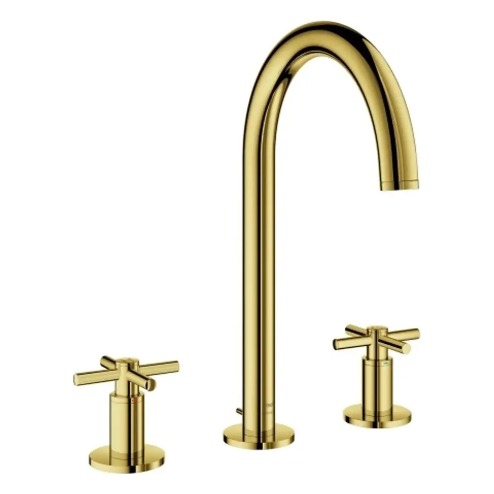 GROHE Wasserhahn in Gold, bestehend aus einem hohen Auslauf und zwei quer montierten Griffen auf einer Basis.