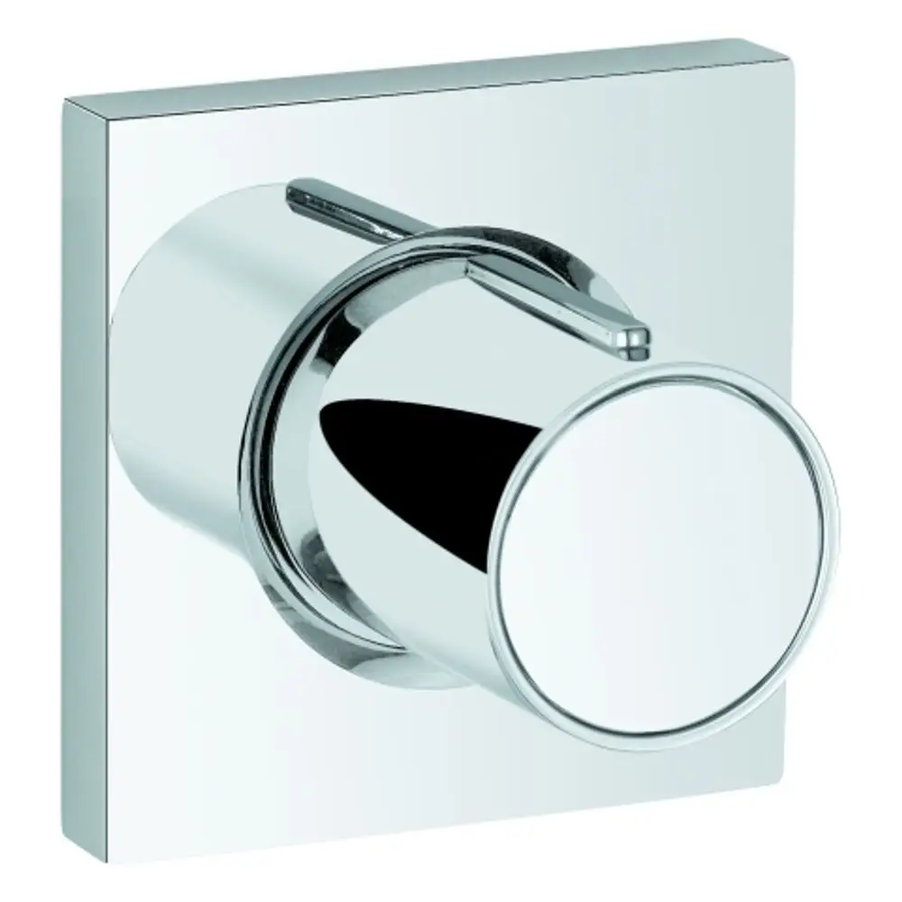 Grohe Unterputzventil in Chrom-Optik mit runder, drehbarer Bedieneinheit auf quadratischem Grundrahmen. Eignet sich zur Integration in eine Dusche oder Badewanne.