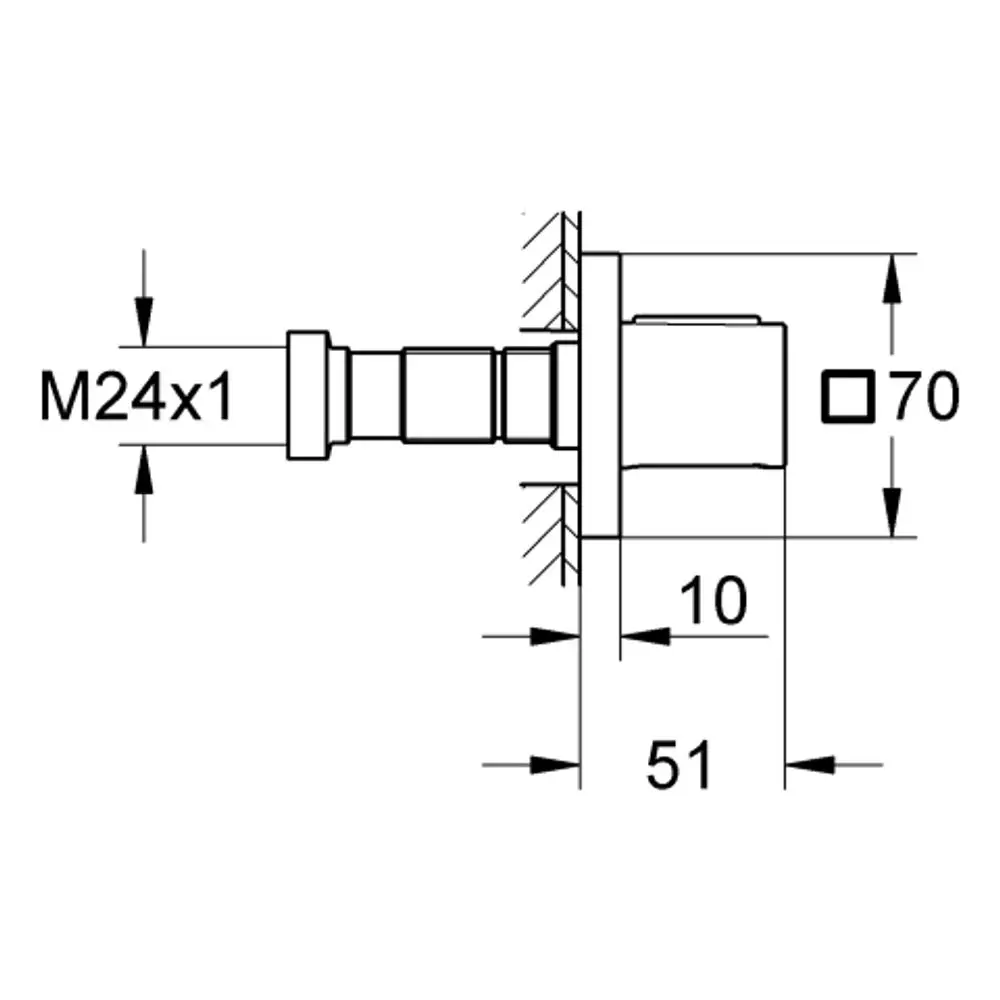 GROHE Unterputzventil mit rundem Flansch, Anschluss M24, für Installation in Wand, mit Abmessungen sichtbar. Design zur Integration in Sanitäranlagen.