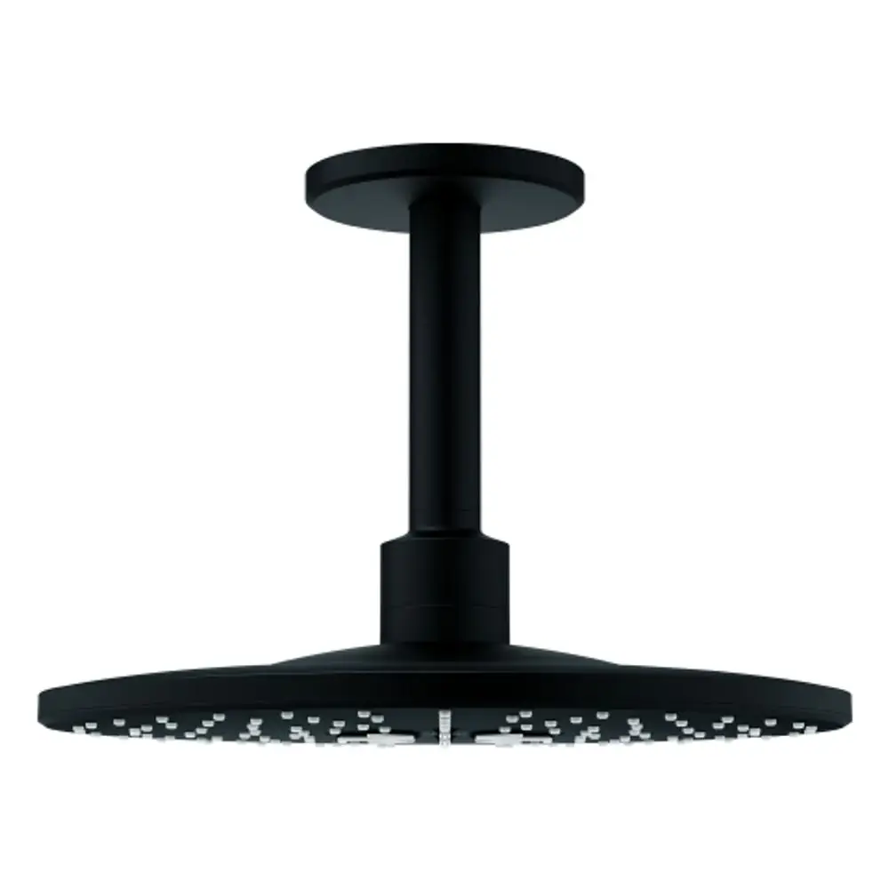 Grohe Kopfbrause mit einer flachen, runden Duschfläche und einem mittigen Anschlussrohr. Die Oberfläche ist in Schwarz gehalten.