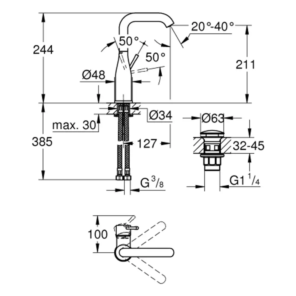 Technische Zeichnung einer Grohe-Batterie mit Details zu Maßen, Winkel und Anschlussmöglichkeiten für eine Push-open-Ablaufgarnitur in Chrom.