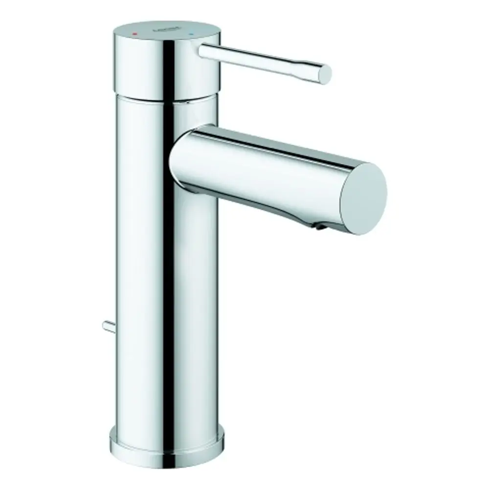 Grohe-Wasserhahn mit mittlerem Hebel, chromfarben, zylindrische Form, seitlicher Auslass, geeignet für Waschbecken.