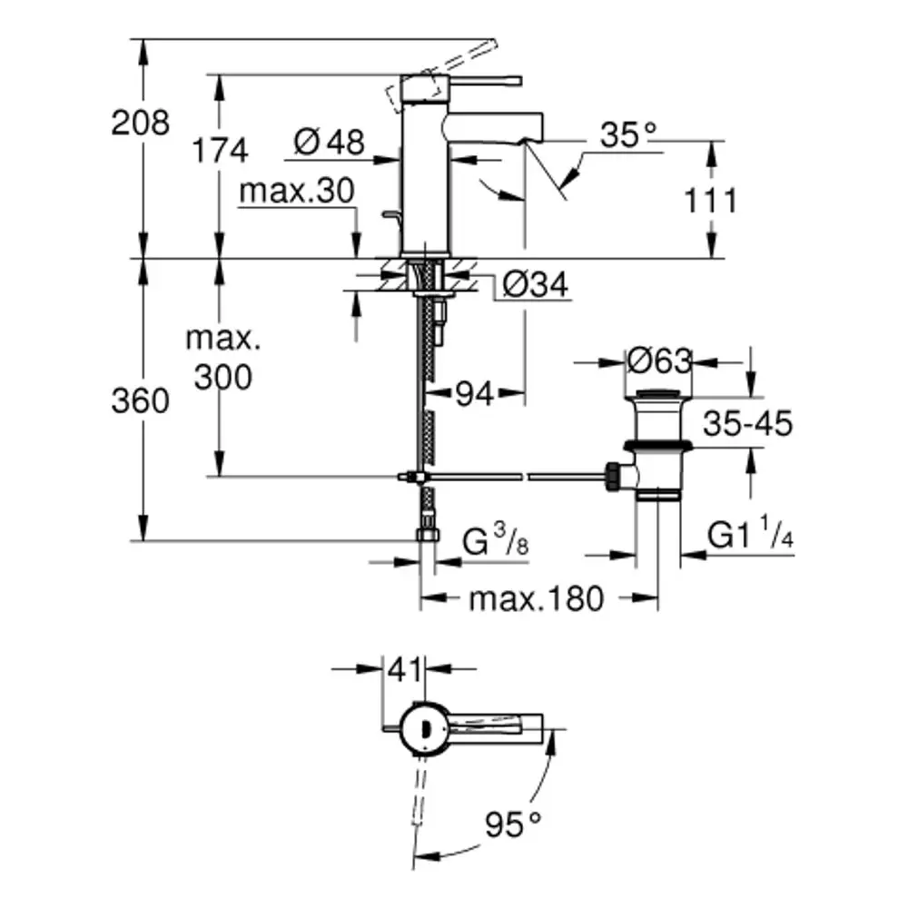 Grohe-Wannenarmatur mit einem Hebel für die Temperatureinstellung, mit verschiedenen Maßangaben und Anschlüssen zur Montage dargestellt.