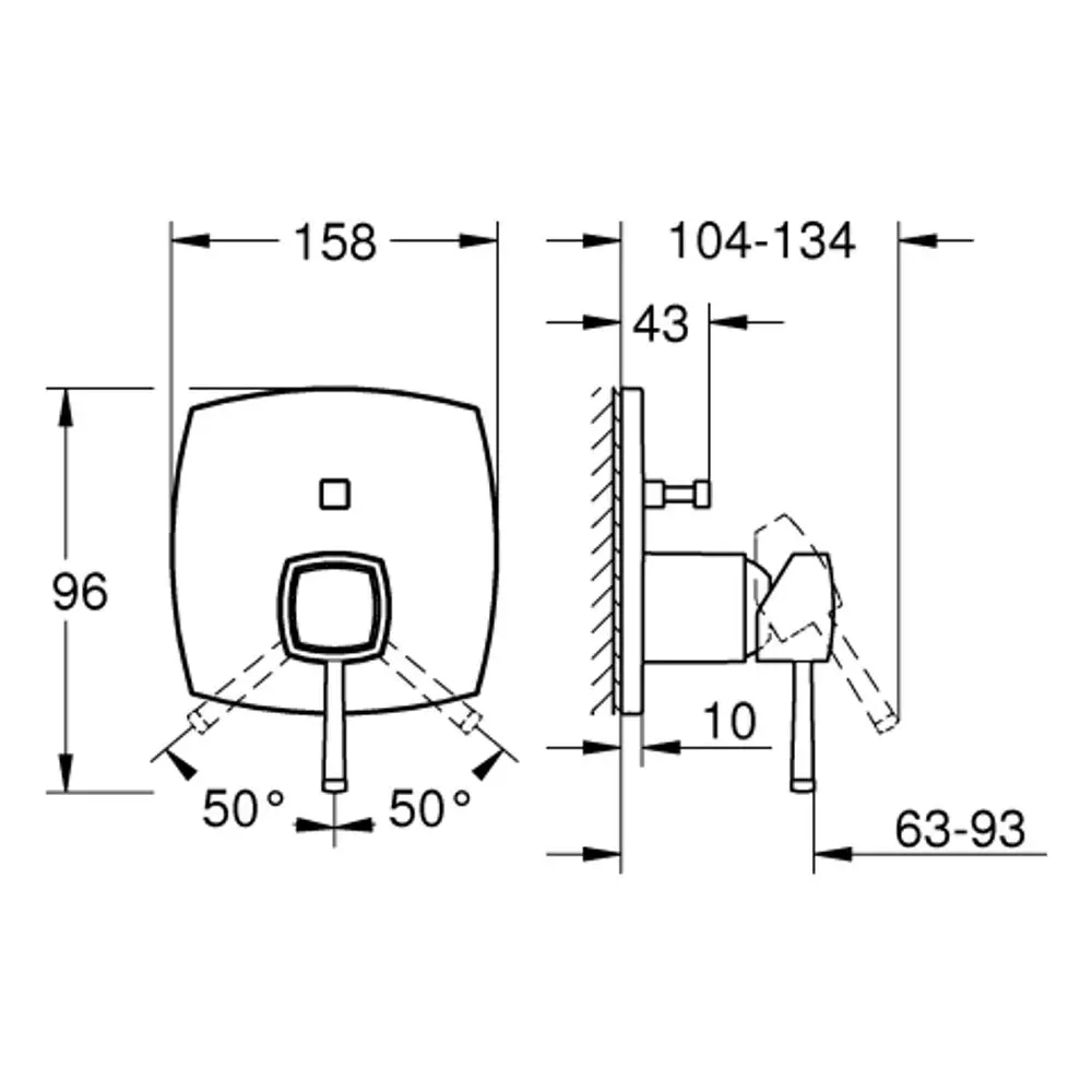Wannenbatterie von Grohe mit einem rechteckigen Bedienfeld, Wasserhahn und seitlichem Anschluss. Abmessungen und Montageanleitung sind skizziert.
