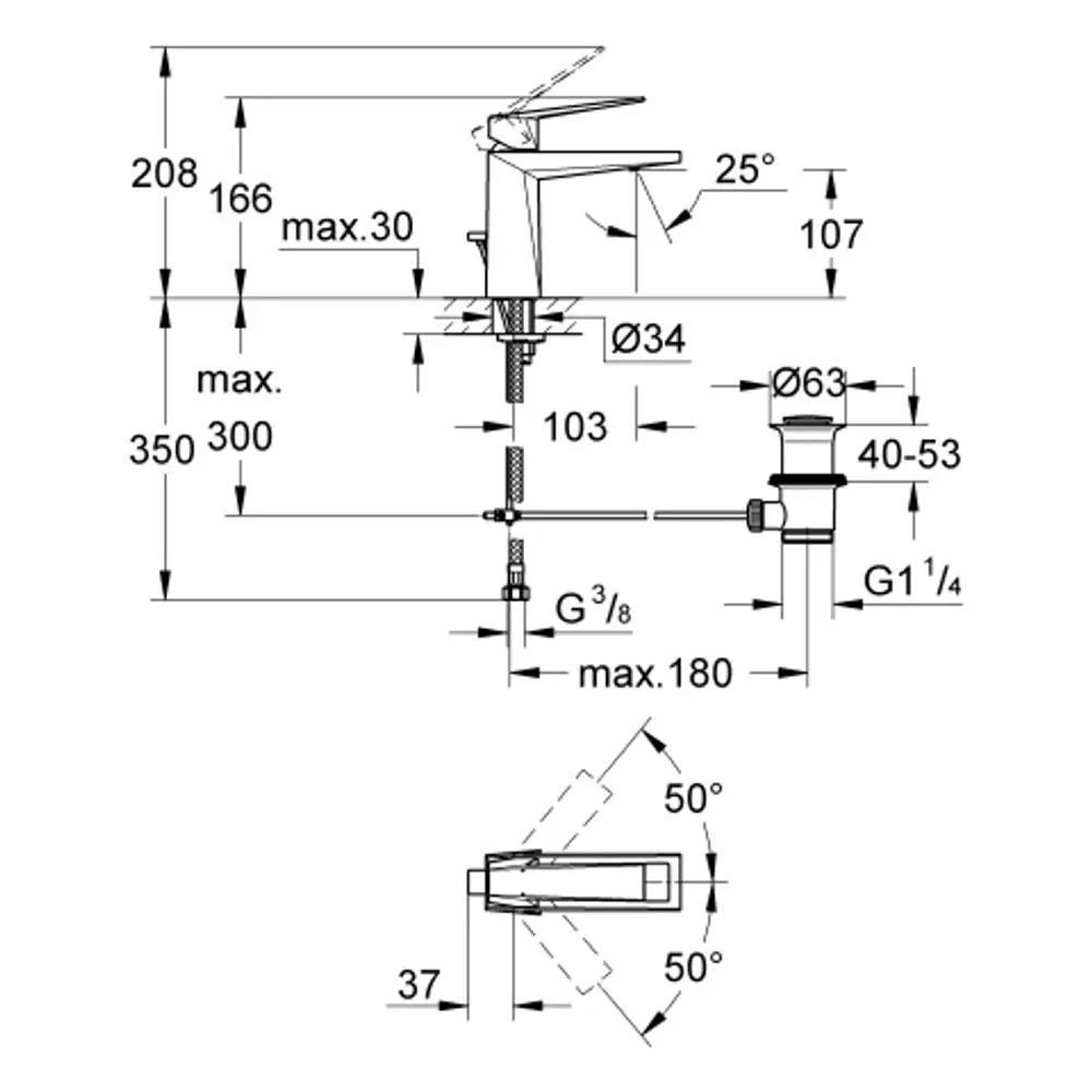 Grohe Wasserhahn mit Hebel, montiert auf einer Fläche. Entwässerungssystem mit Zugstangen-Ablaufgarnitur, Maßzeichnungen und Anschlussdetails.