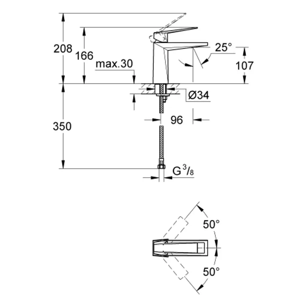 Grohe Wasserhahn mit einem glatten Körper und schwenkbarem Auslauf, abgebildet in technischem Schema mit Maßangaben und Installationsdetails.