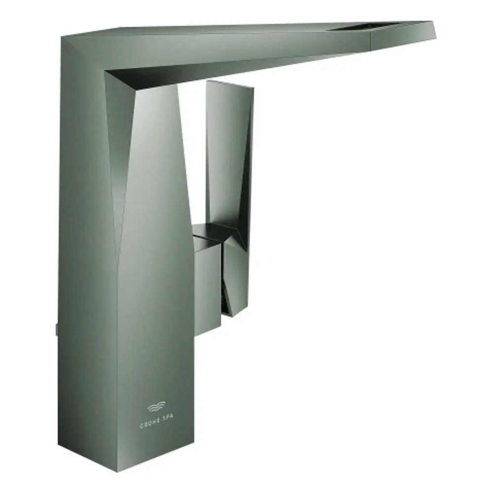 GROHE-Waschtischarmatur aus hartem Graphit mit modernem Design. Der Wasserhahn zeigt klare geometrische Formen und eine schlichte Oberfläche.