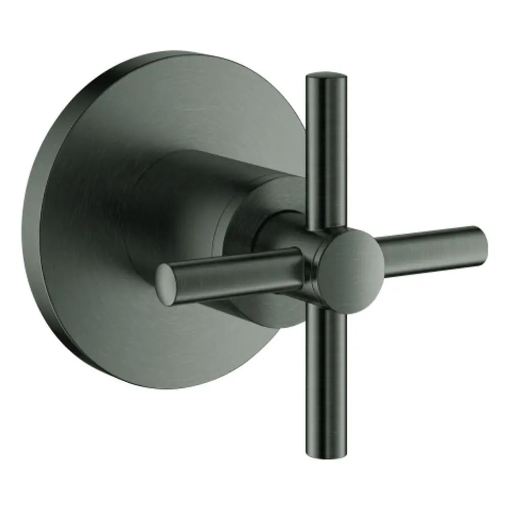 Grohe Griff in Form eines Kreuzes aus gebürstetem Hartgraphit, montiert auf einer runden Wandplatte.