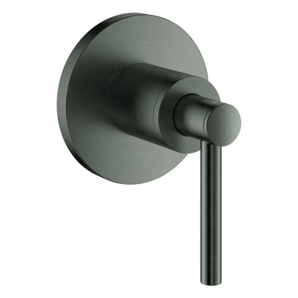 Duschensteuerungshebel in gebürstetem, dunkelgrauem Finish von Grohe, montiert an einer runden Wandplatte.