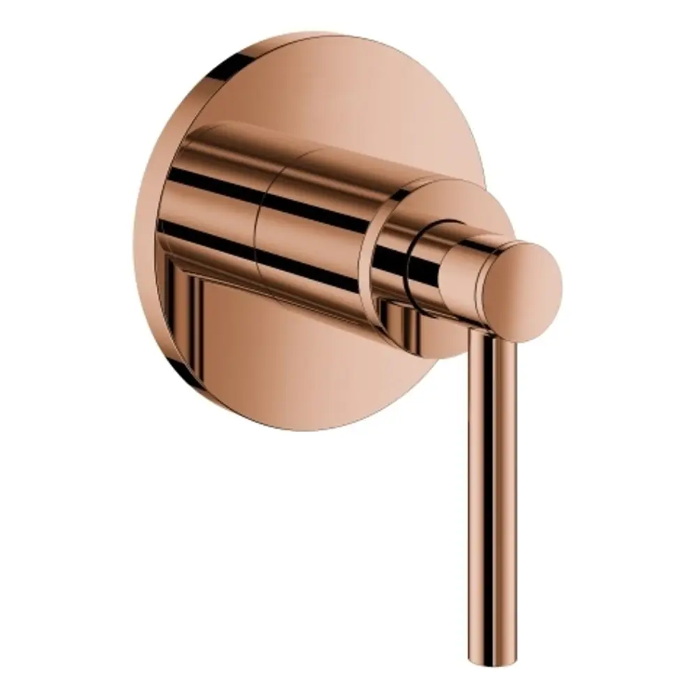 Grohe Hebelgriff in warmer Sunset-Finish, montiert auf runder Wandplatte, Teil eines Ventil-Oberbaus für Wasserleitungen.