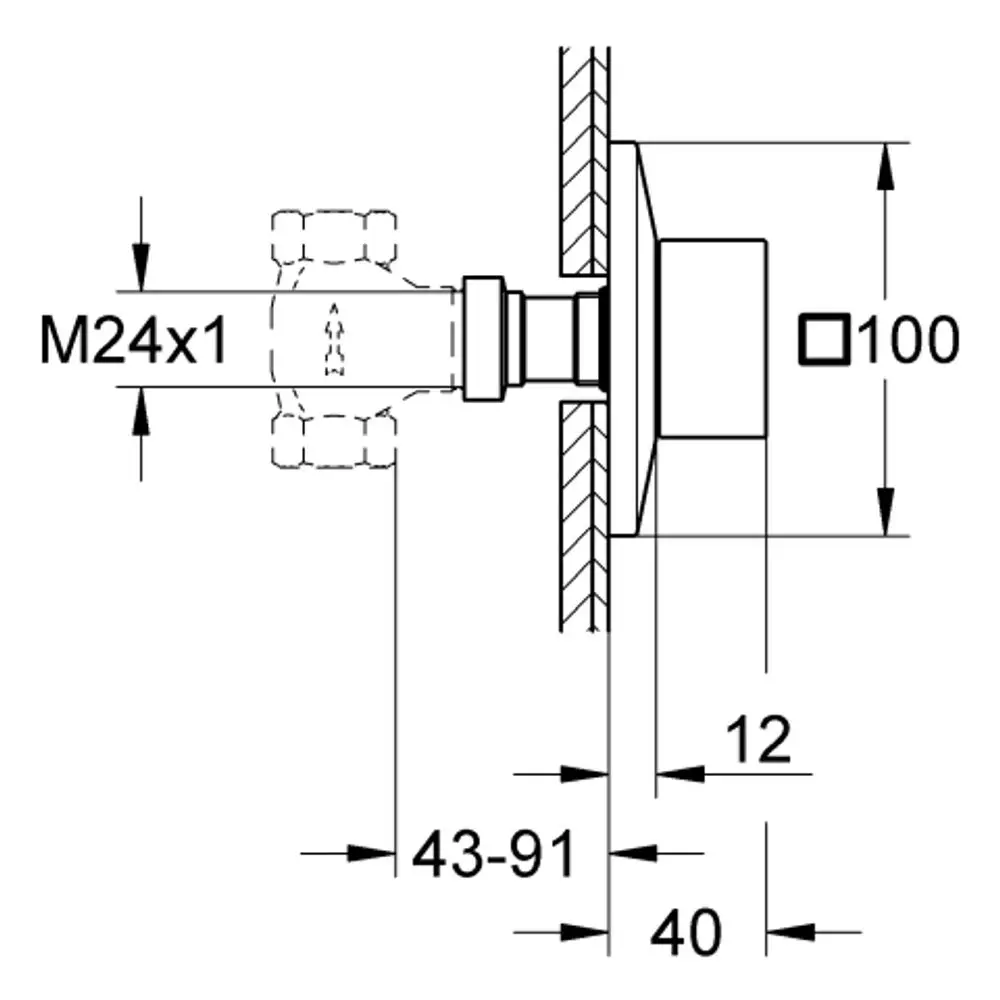 Grohe Ventil mit Anschluss M24x1, flacher Bauform, montiert an einer Wand, sichtbar sind Maße und technische Eigenschaften in einer technischen Zeichnung.