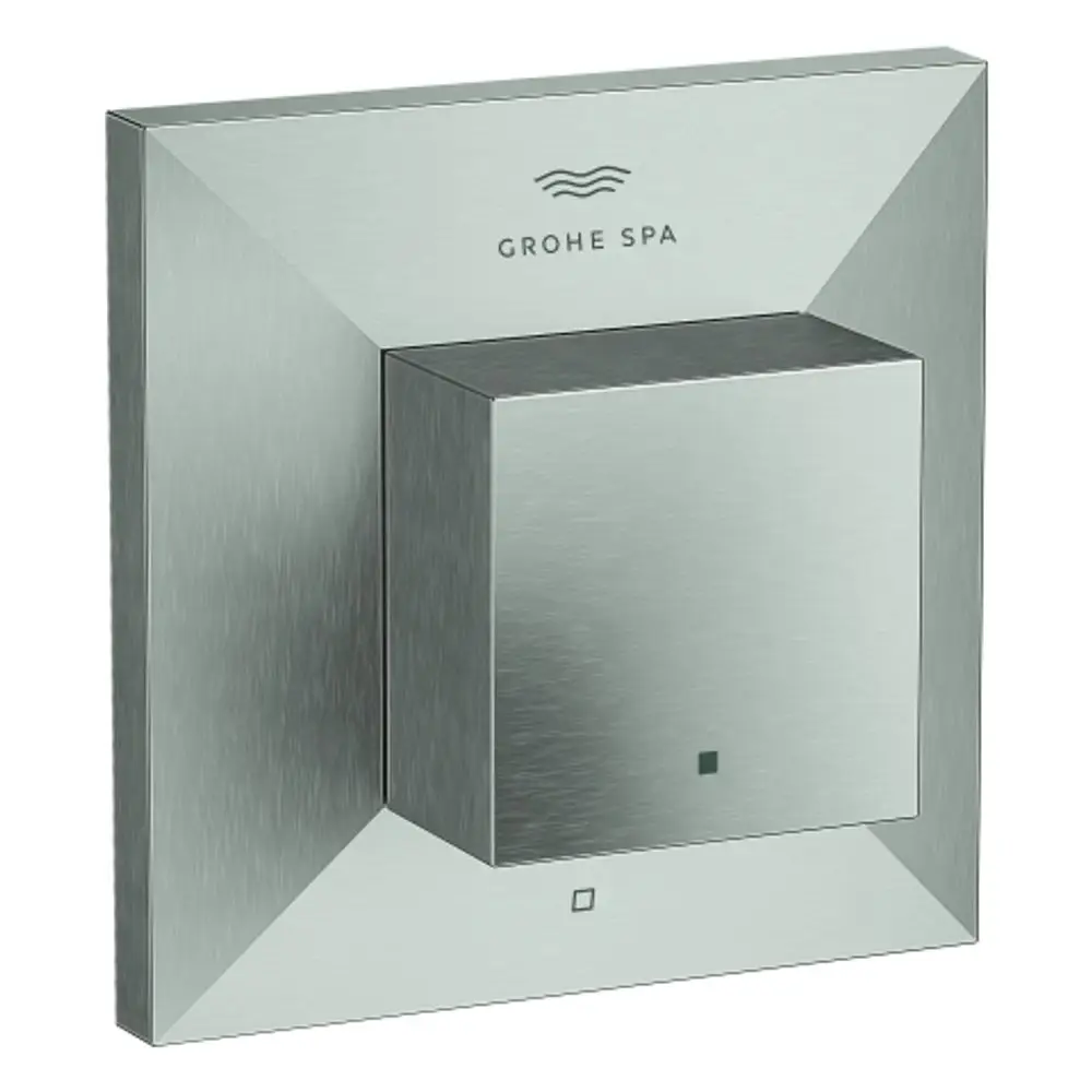 Moderne Steuerungseinheit in Edelstahloptik von Grohe, rechteckige Form mit einem quadratischen Drehregler und zwei kleinen Symbolen für eine einfache Bedienung.