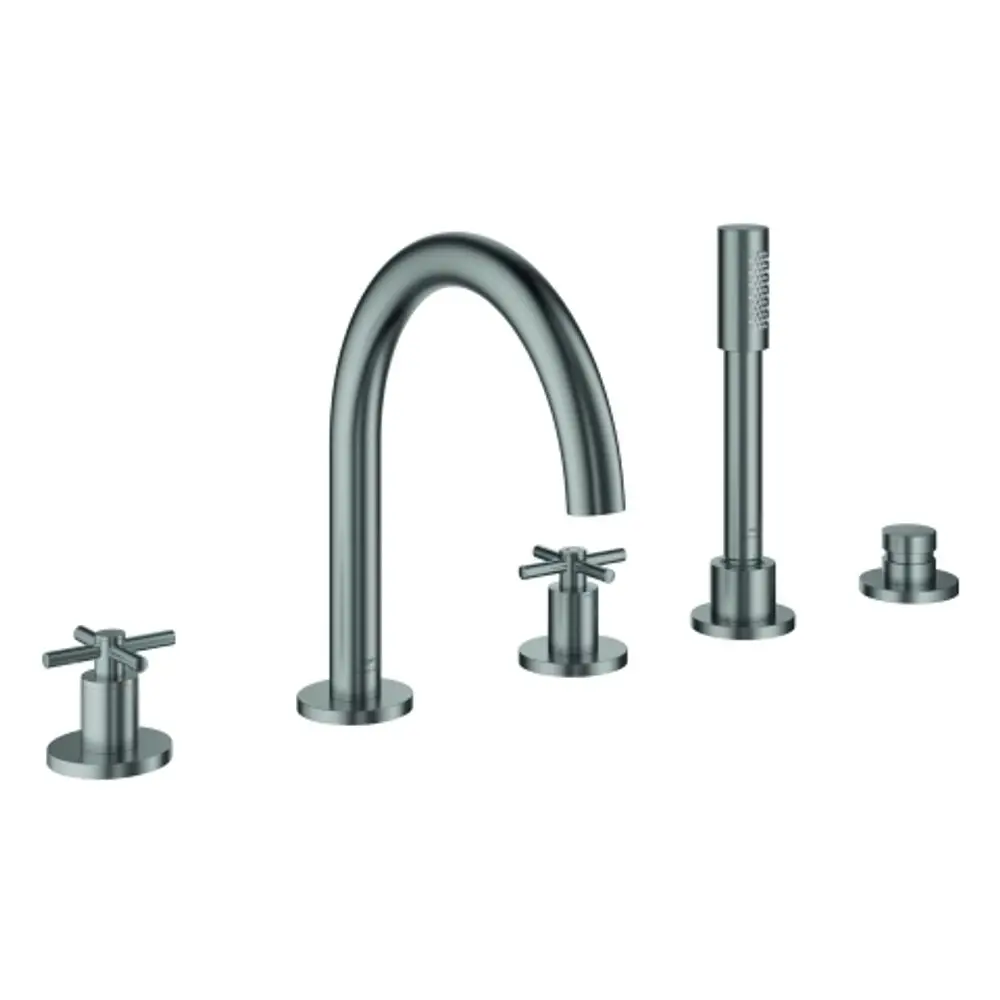 Grohe 5-Loch-Wannen-Kombination mit gebogenem Auslauf und Kreuzgriffen in Supersteel-Oberfläche, bestehend aus mehreren separaten Komponenten.
