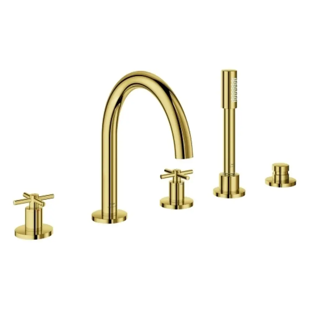 Goldfarbene Grohe-Wannenarmatur mit fünf Komponenten, einschließlich Auslauf, Handbrause und Kreuzgriffen, für die Montage an der Badewanne.