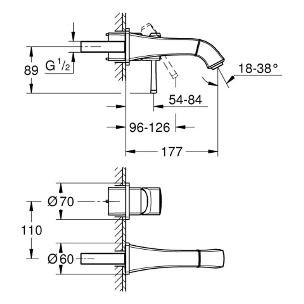 Technische Zeichnung einer Grohe Wandarmatur mit Abmessungen, einschließlich seitlicher und frontaler Ansicht, für die Installation an einer Wand.