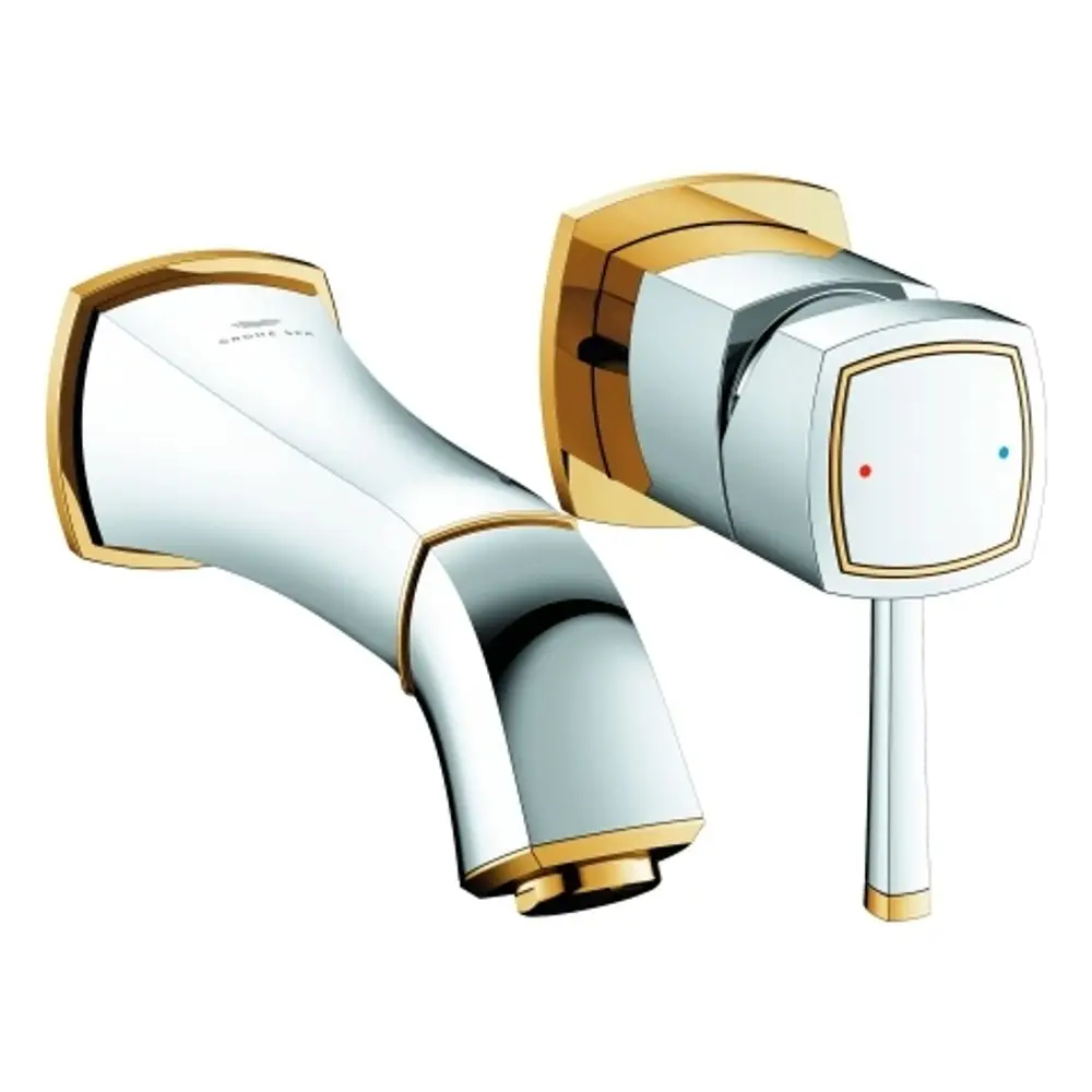 Wandmontierte Armatur von Grohe mit zwei Anschlüssen, glänzender Oberfläche in Chrom und Gold, ausgestattet mit einem Hebel zur Temperatur- und Wasserregelung.