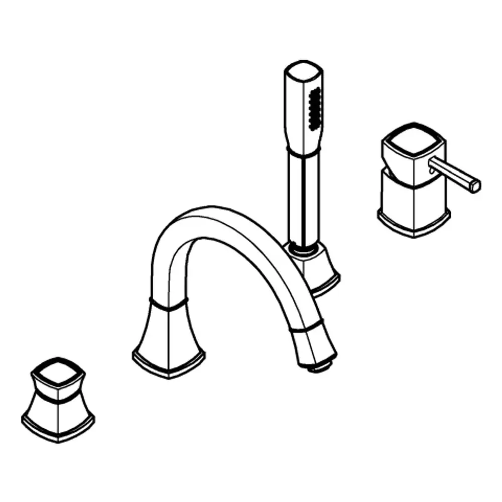 Grohe-Wannenarmatur mit vier Komponenten: Brause, Wasserhahn und separate Steuerung. Gesamtanordnung in einem klaren Design, geeignet für Badewanneninstallation.
