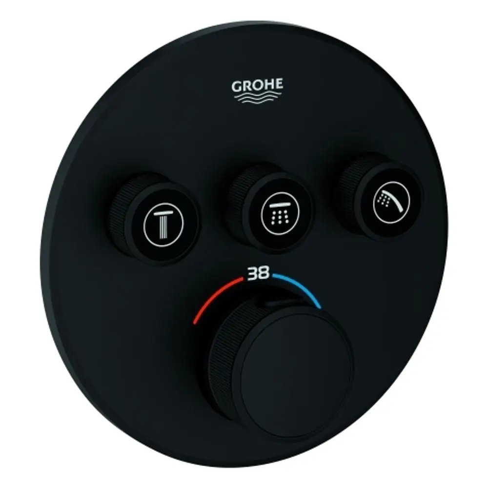 Schwarzer Grohe-Thermostat mit drei Bedienelementen für Dusche und Temperaturregelung, inklusive einer skalierten Anzeige für Temperatureinstellungen.