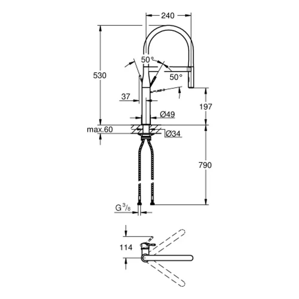 GROHE Spültischbatterie mit Hochbogen und einer ausziehbaren Brause. Das Design zeigt eine Mischung aus gleichmäßigen Linien und runden Formen. Installation wird über eine zentrale Bohrung ermöglicht.