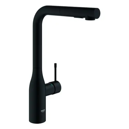 Schwarze Küchenarmatur von Grohe mit hohem Auslauf und drehbarem Auslauf, ausgestattet mit einer separaten Spülbrause und einem Hebel zur Steuerung des Wasserflusses.
