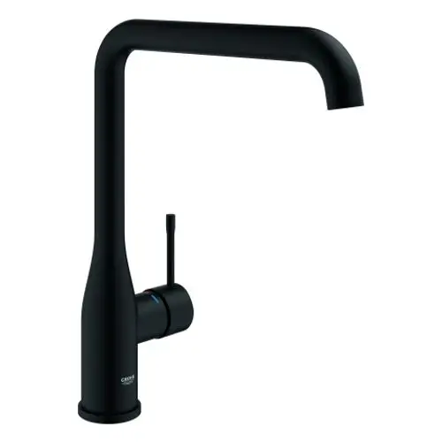 Schwenkbarer Wasserhahn in Schwarz mit einem Hebel zur Temperatur- und Mengeneinstellung. Marke: Grohe. Eignet sich für Spültische.