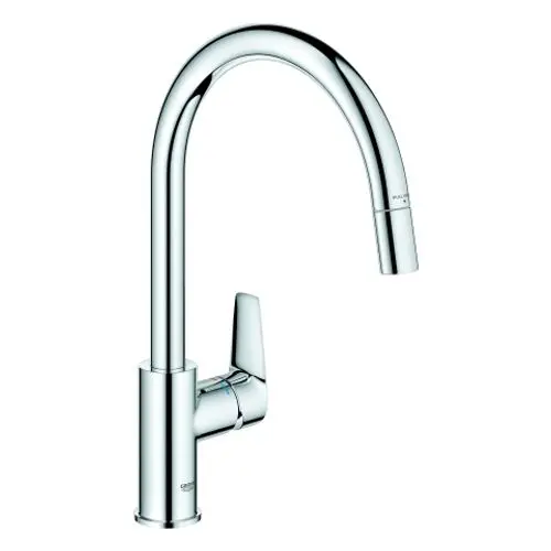 Hochglänzende chromfarbene Küchenarmatur von Grohe mit hohem Auslauf und integrierter Laminarbrause, ausgestattet mit einem seitlichen Hebel zur Steuerung des Wasserflusses.
