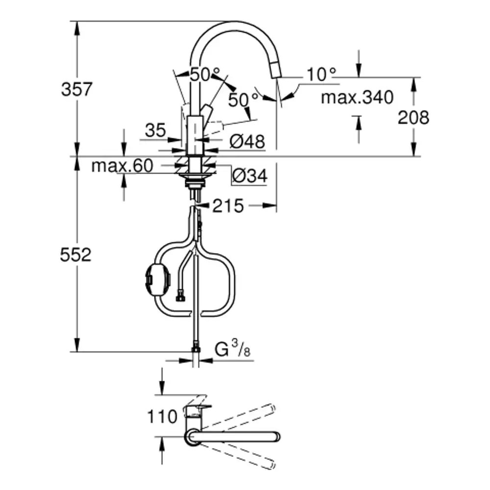 Küchenarmatur mit einem hohen Auslauf, flexiblem Schlauch und Laminarstrahl von Grohe. Ansichten mit Maßen und Installationsdetails im technischen Diagramm dargestellt.