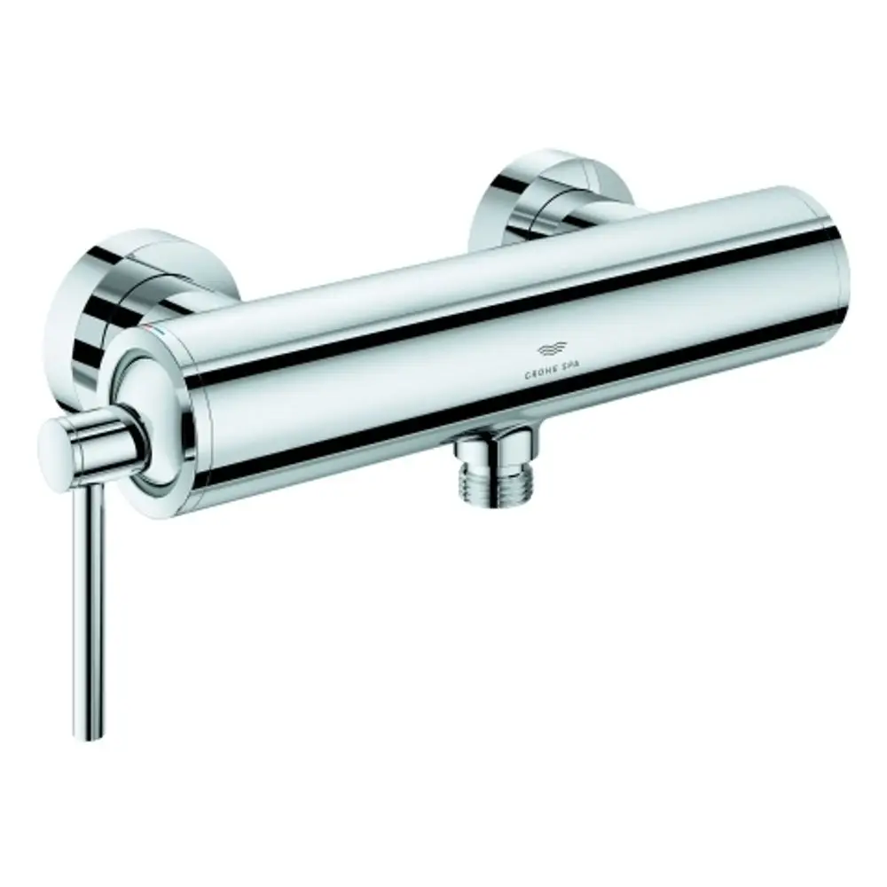 Wandmontierte Chrom-Brausebatterie mit runder Form und seitlichem Bedienelement, gefertigt von Grohe.