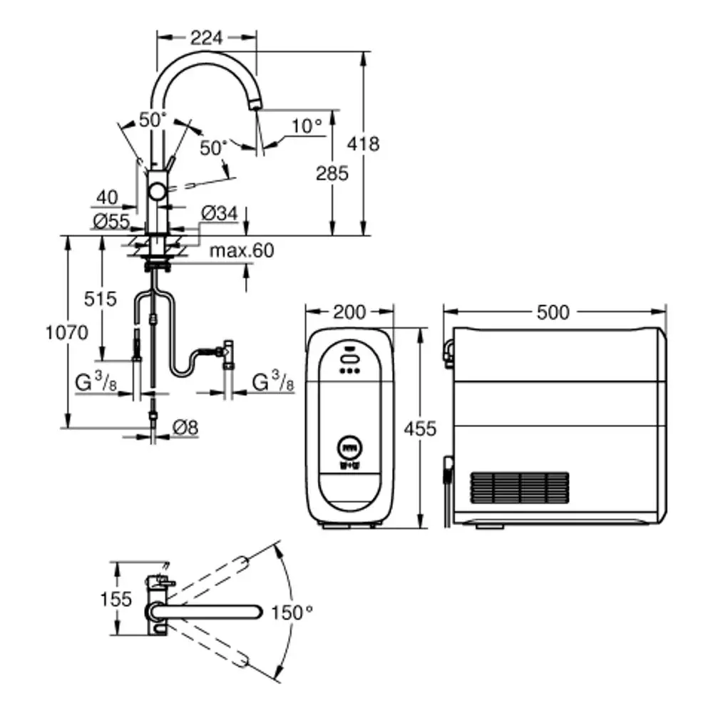 GROHE Wasserhahn mit flexibler Auslaufhöhe, seitlichem Hebel und angeschlossenem System, dargestellt in technischen Zeichnungen mit Maßangaben für Installation.