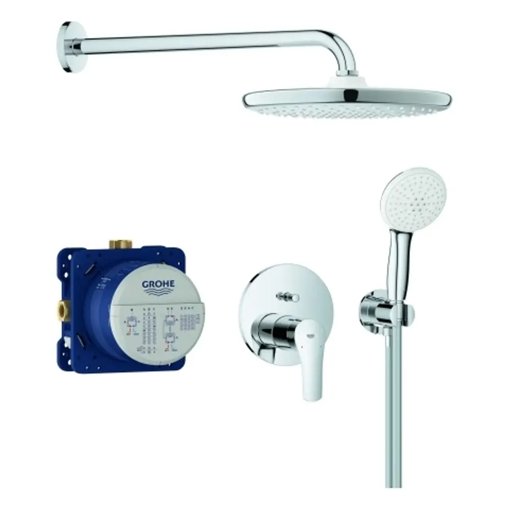 GROHE Duschsystem mit Kopfbrause, Handbrause und Wandmontage-Element. Verchromte Oberflächen. Enthält Steuerungseinheit für Wassertemperatur und -fluss.
