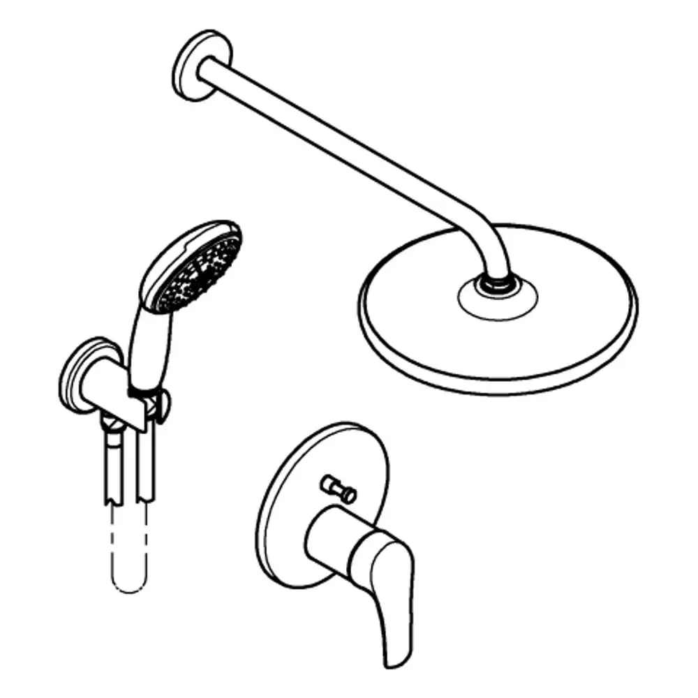 Duschsystem von Grohe mit Kopfbrause, Handbrause und Wandbedienung. Enthält verchromte Oberflächen und verschiedene Armaturenteile.