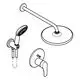 Duschsystem von Grohe mit Kopfbrause, Handbrause und Wandbedienung. Enthält verchromte Oberflächen und verschiedene Armaturenteile.