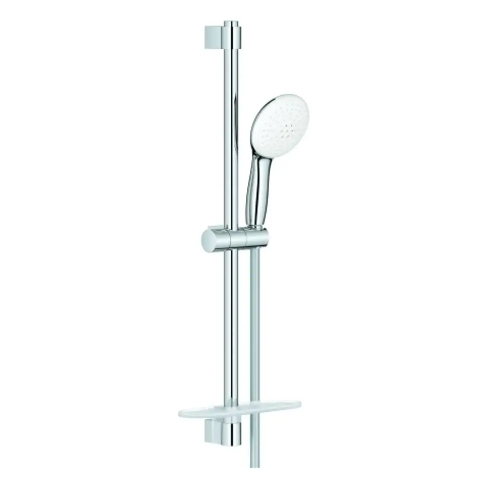 Grohe Brausestangenset mit Handbrause, Halterung und Ablage. Aus glänzendem Material, geeignete Montageoptionen und verstellbare Höhe für Nutzung im Badezimmer.