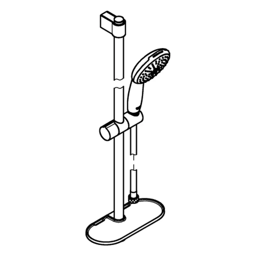 Grohe Brausestangenset mit Halterung, Duschkopf und Ablage. Das Set zeigt eine klare, funktionale Gestaltung für die Duschinstallation.