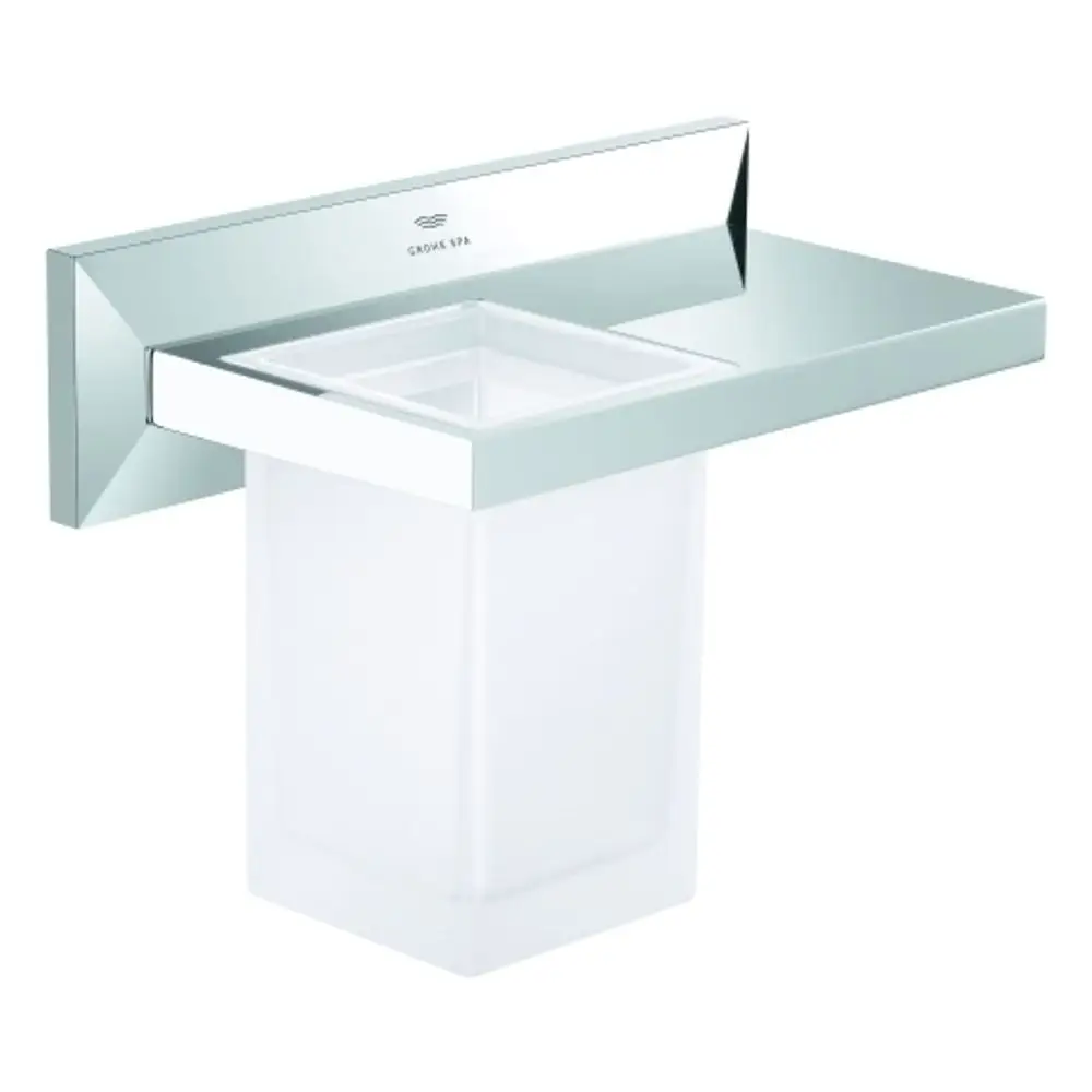 Grohe Ablage aus Chrom mit integriertem Mundspülglas. Die Ablage hat eine klare, funktionale Form und ist für das Badezimmer konzipiert.