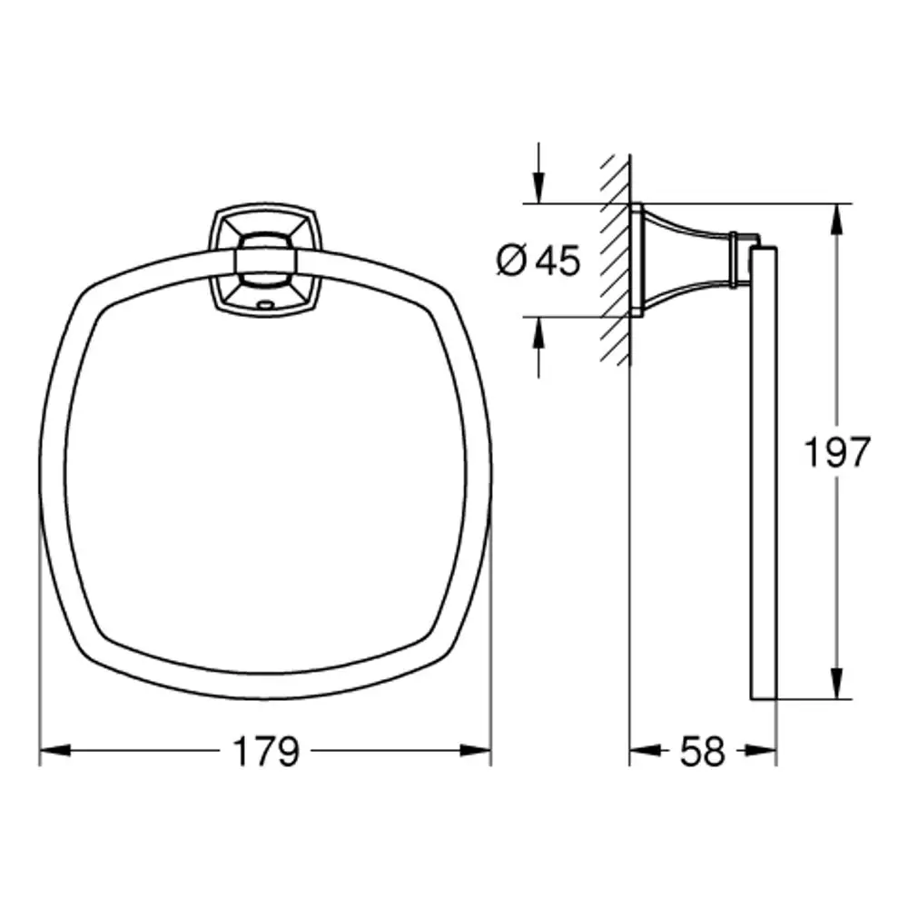 Handtuchring in rechteckiger Form, montiert an einer Wand, mit einem einfachen Halter. Das Produkt ist in Chrom- und Goldoptik erhältlich. Grohe-Logo sichtbar.