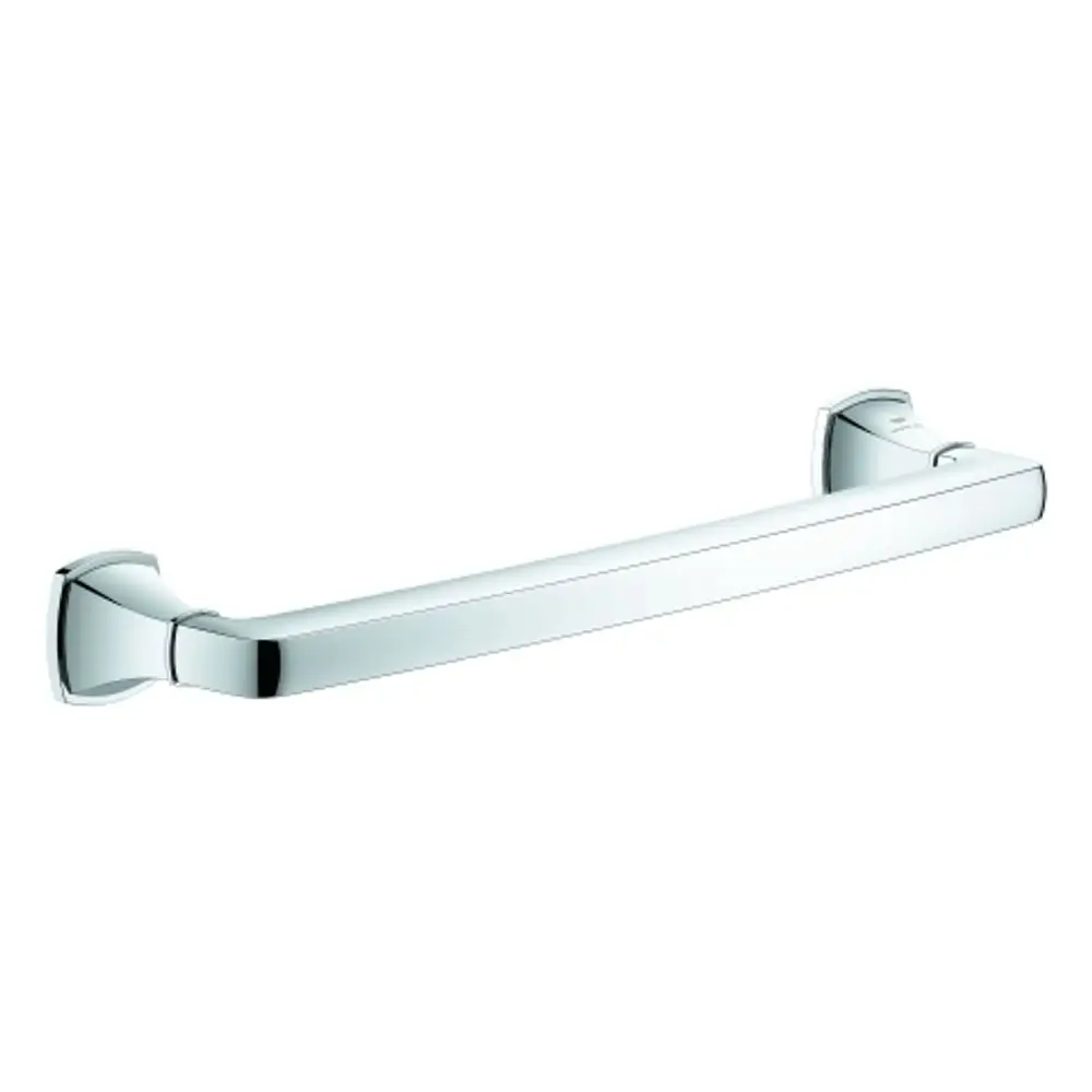 Chromfarbener Wandgriff von Grohe, mit klaren Linien und abgerundeten Enden, geeignet für die Montage an Wänden, um Halt in Badezimmerbereichen zu bieten.