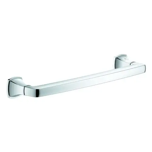 Chromfarbener Wandgriff von Grohe, mit klaren Linien und abgerundeten Enden, geeignet für die Montage an Wänden, um Halt in Badezimmerbereichen zu bieten.
